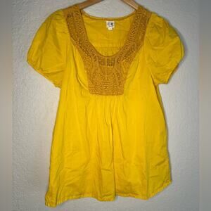 Anthropologie Edme & Esyllte Babydoll Top Yellow Crochet Lace Bib Short Sleeve